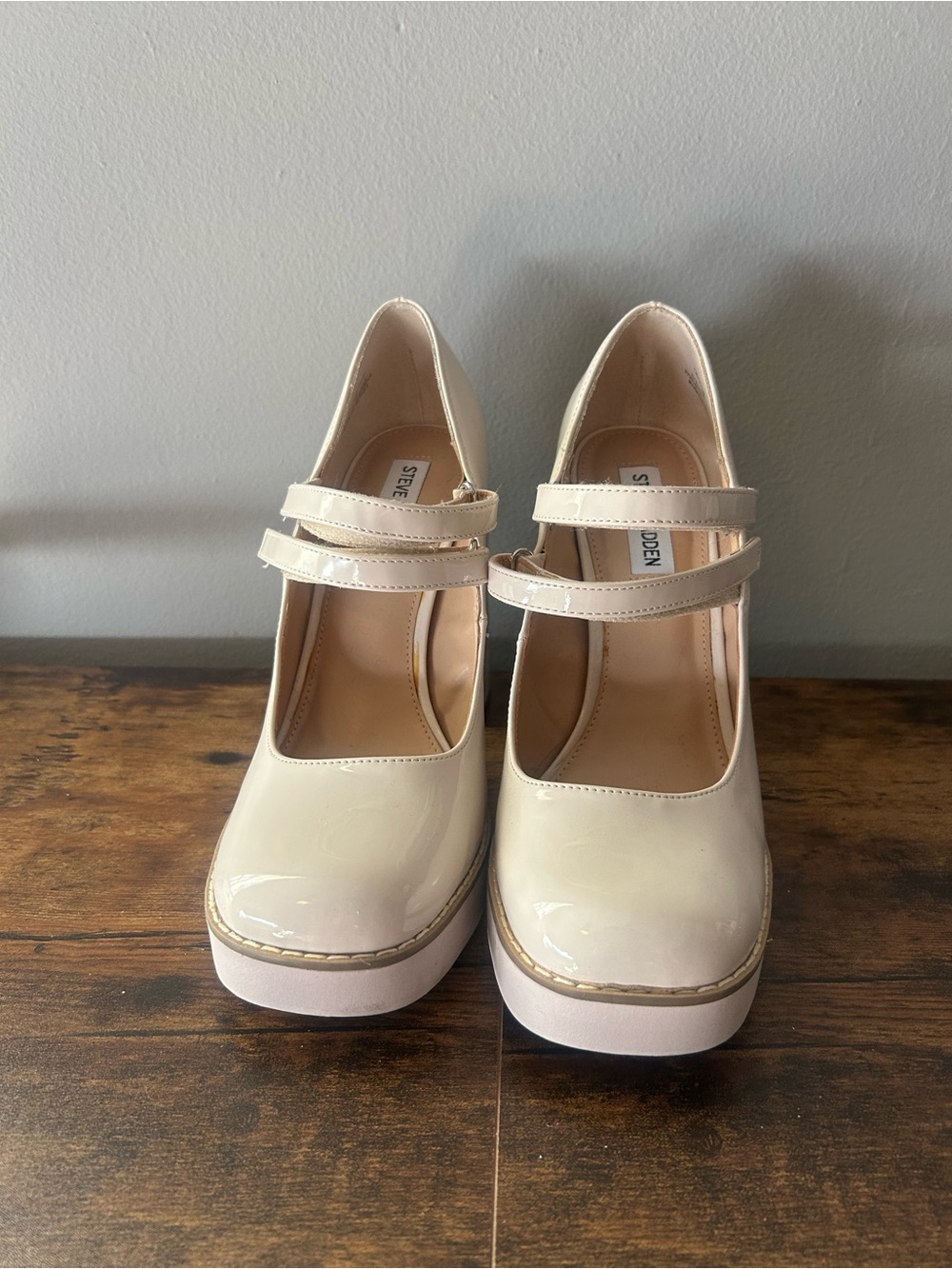 Steve Madden Cream Patent Double-Strap Platform Pumps